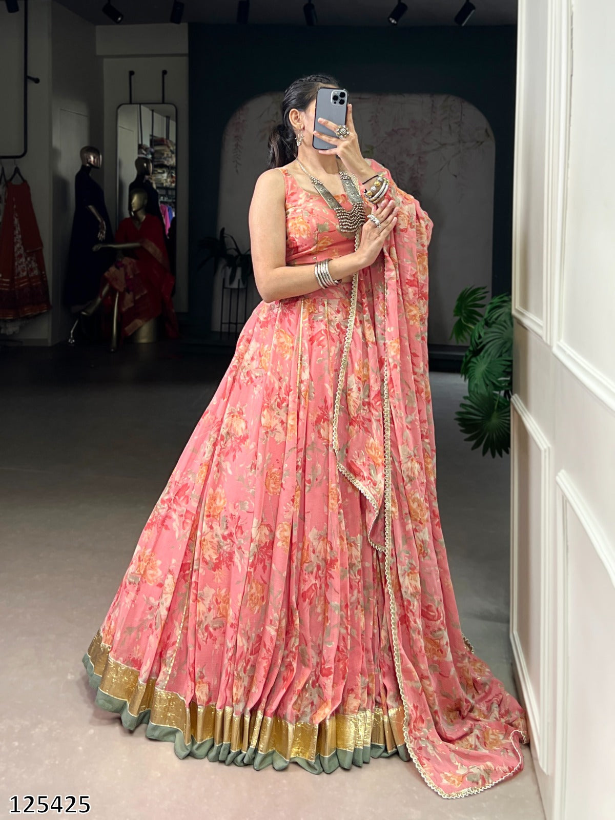 Floral Chiffon Lehenga Choli Set with Foil Print & Gotta Patti