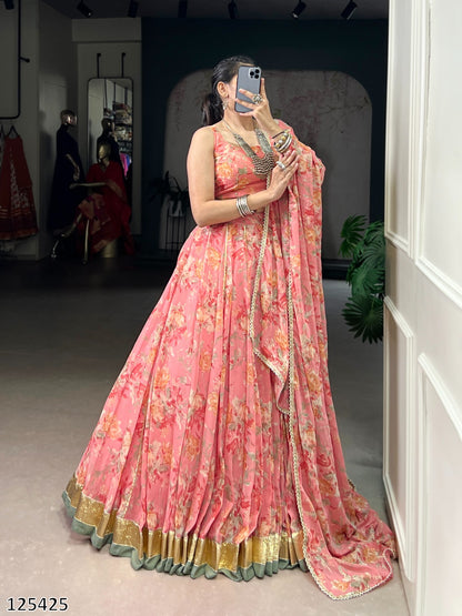 Floral Chiffon Lehenga Choli Set with Foil Print & Gotta Patti