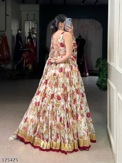Floral Chiffon Lehenga Choli Set with Foil Print & Gotta Patti