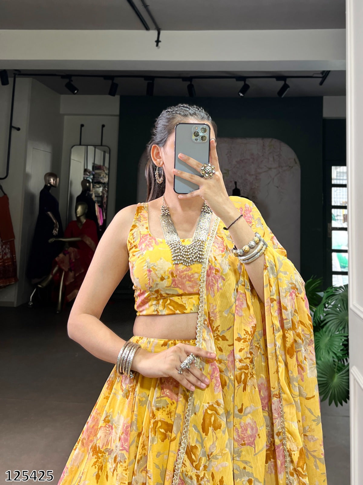 Floral Chiffon Lehenga Choli Set with Foil Print & Gotta Patti