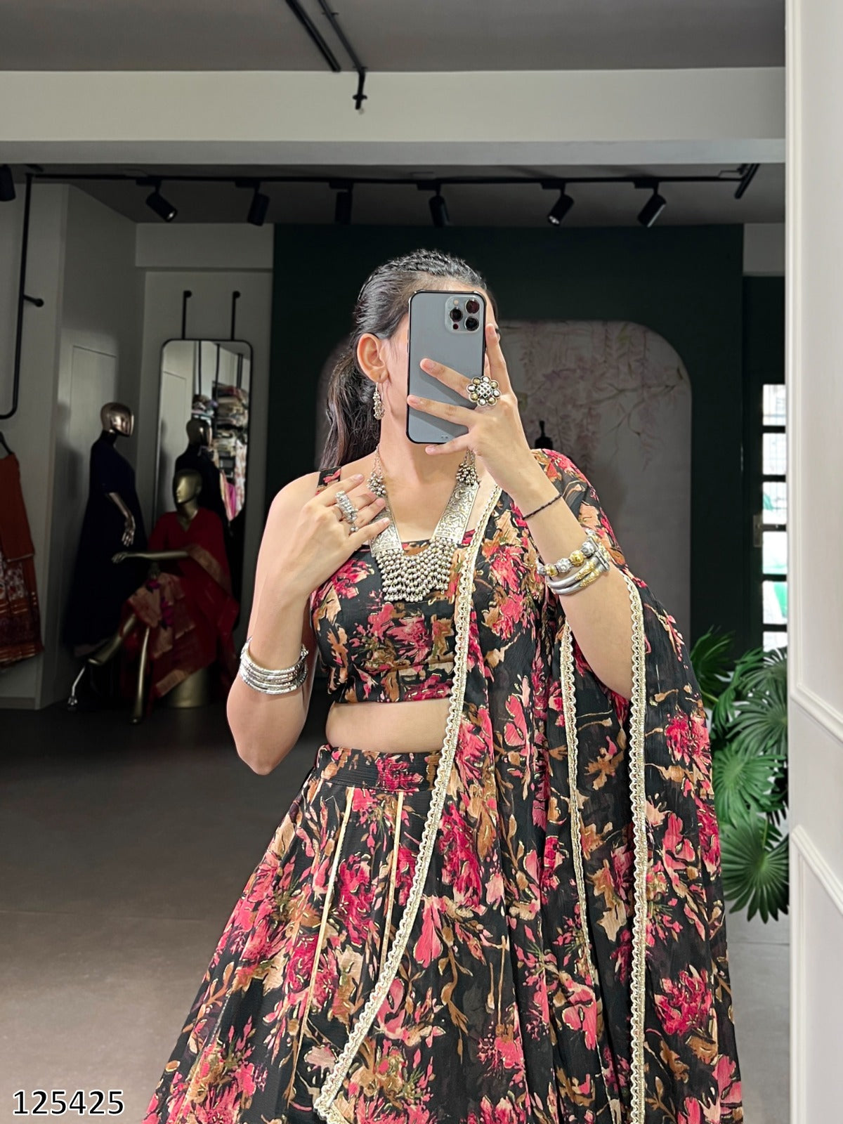 Floral Chiffon Lehenga Choli Set with Foil Print & Gotta Patti
