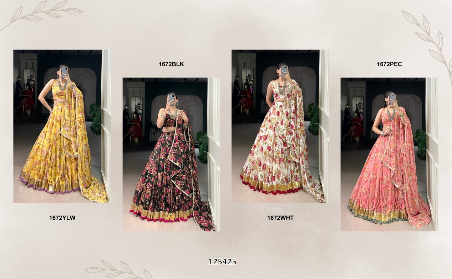 Floral Chiffon Lehenga Choli Set with Foil Print & Gotta Patti