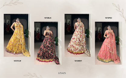 Floral Chiffon Lehenga Choli Set with Foil Print & Gotta Patti