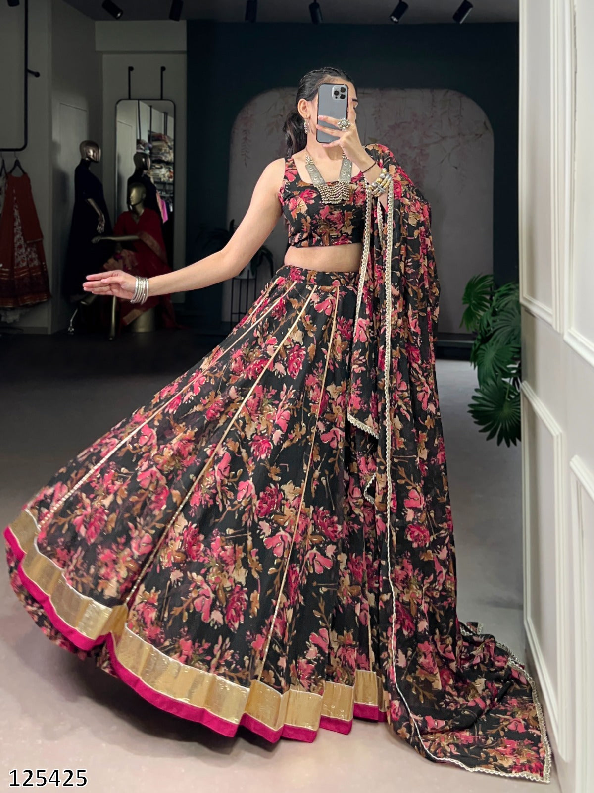 Floral Chiffon Lehenga Choli Set with Foil Print & Gotta Patti