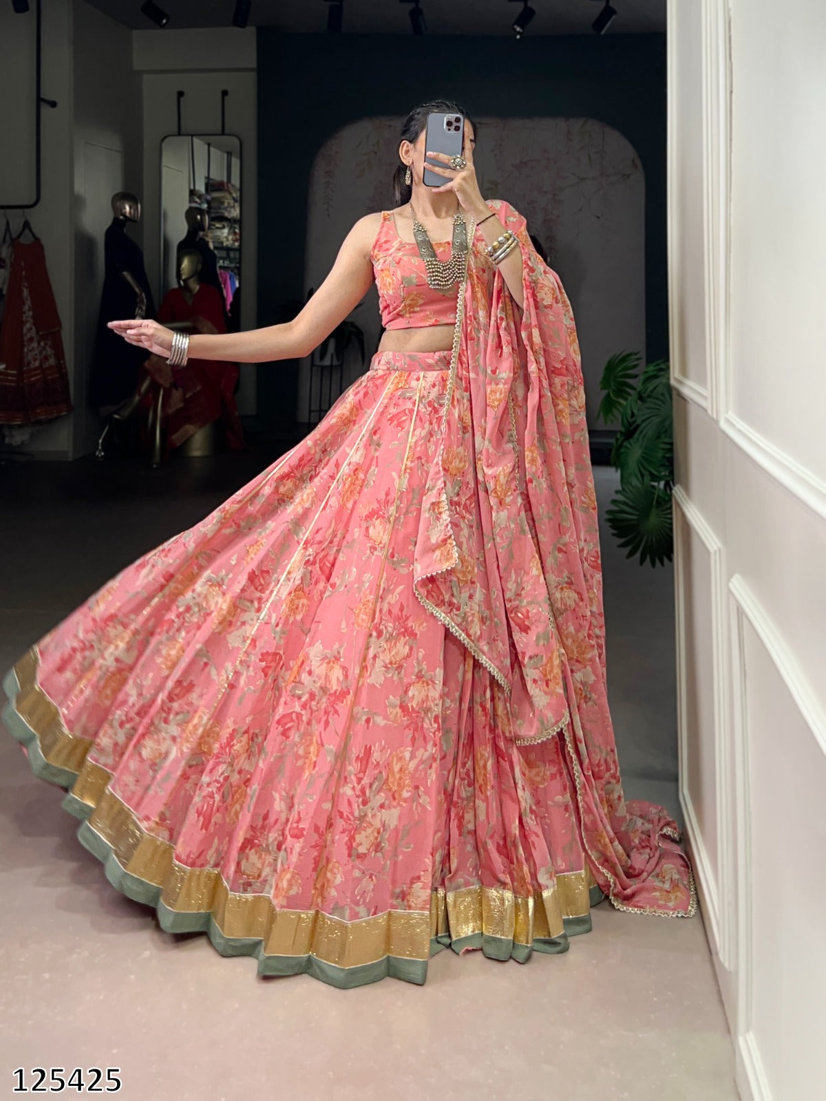 Floral Chiffon Lehenga Choli Set with Foil Print & Gotta Patti