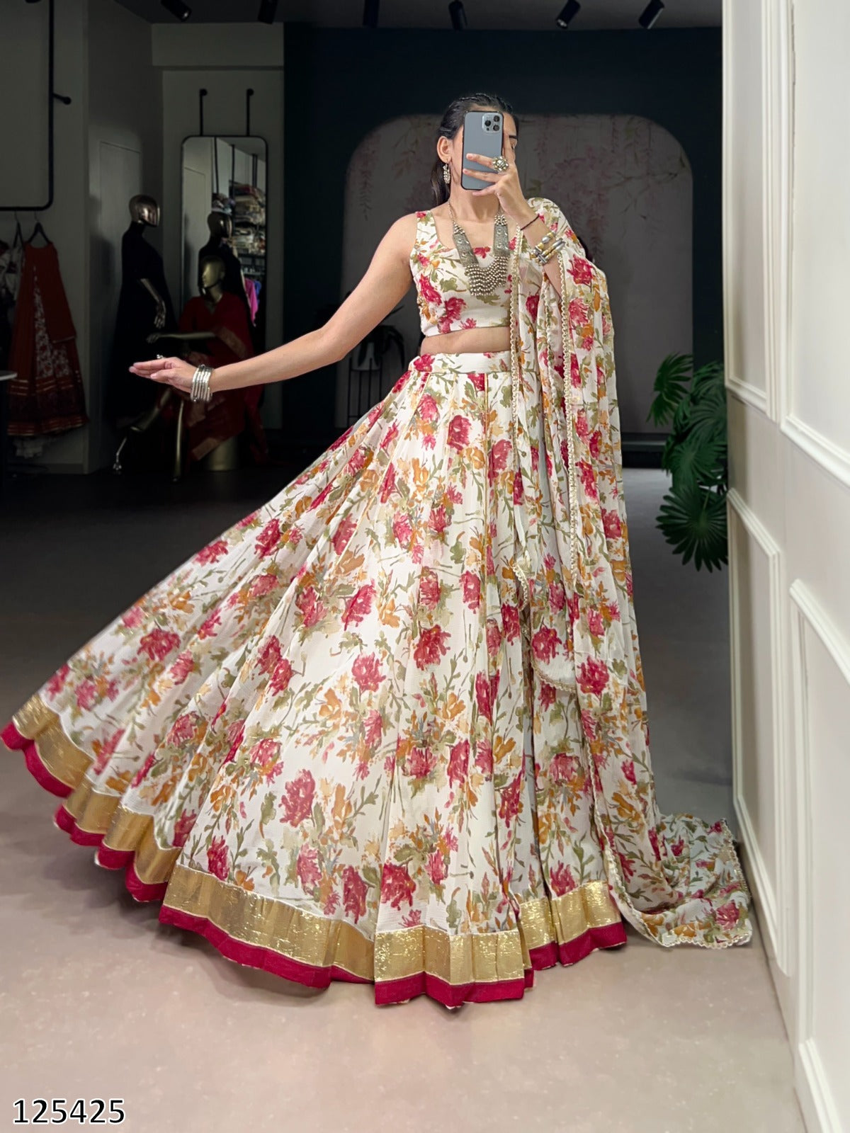 Floral Chiffon Lehenga Choli Set with Foil Print & Gotta Patti