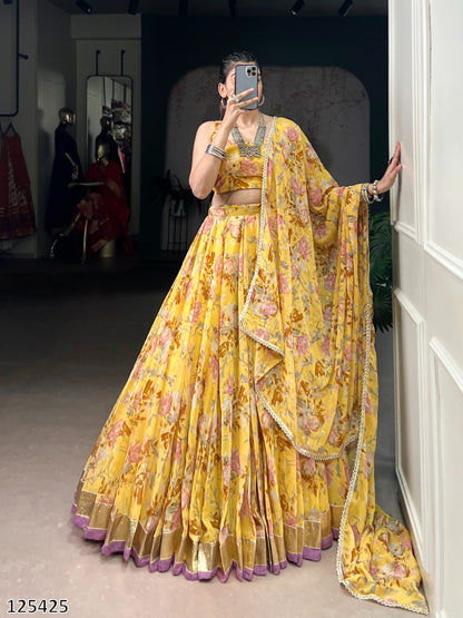 Floral Chiffon Lehenga Choli Set with Foil Print & Gotta Patti