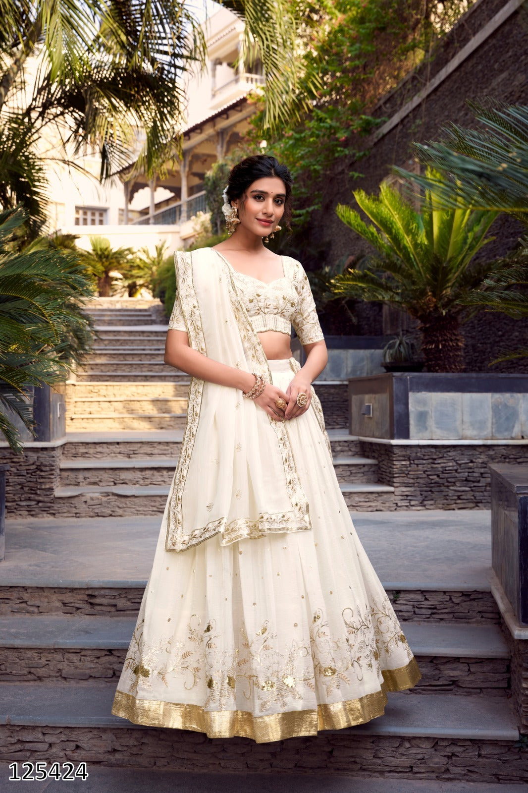 Off-White Silver Glossy Lehenga Choli – Sequins & Foil Work