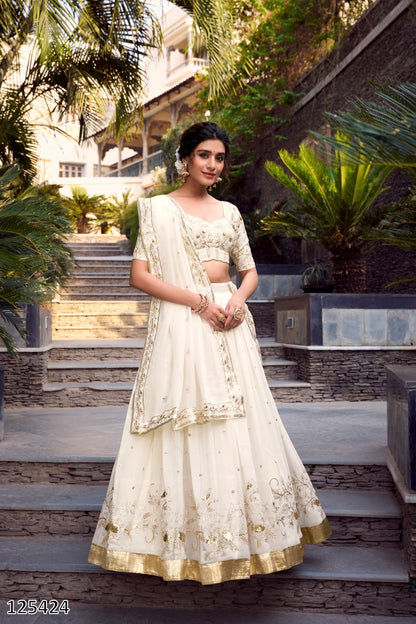 Off-White Silver Glossy Lehenga Choli – Sequins & Foil Work