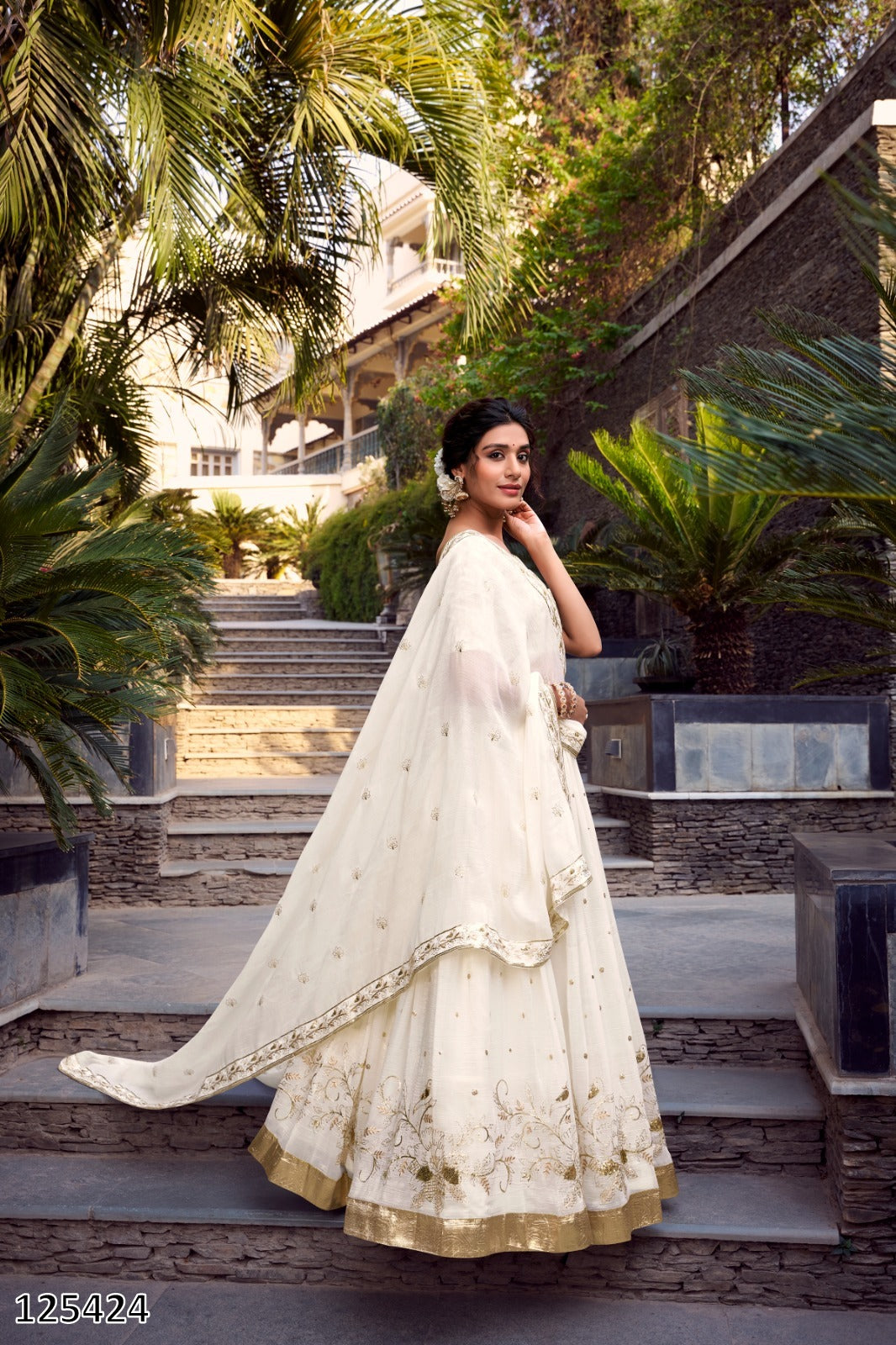 Off-White Silver Glossy Lehenga Choli – Sequins & Foil Work