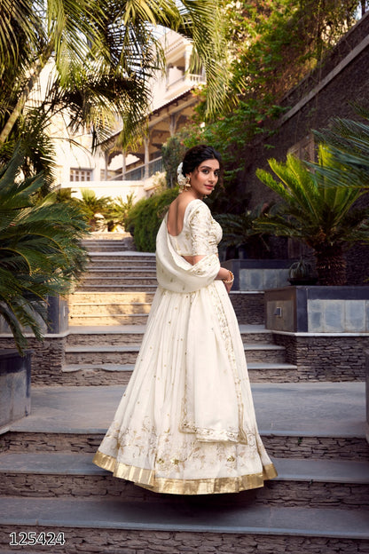 Off-White Silver Glossy Lehenga Choli – Sequins & Foil Work