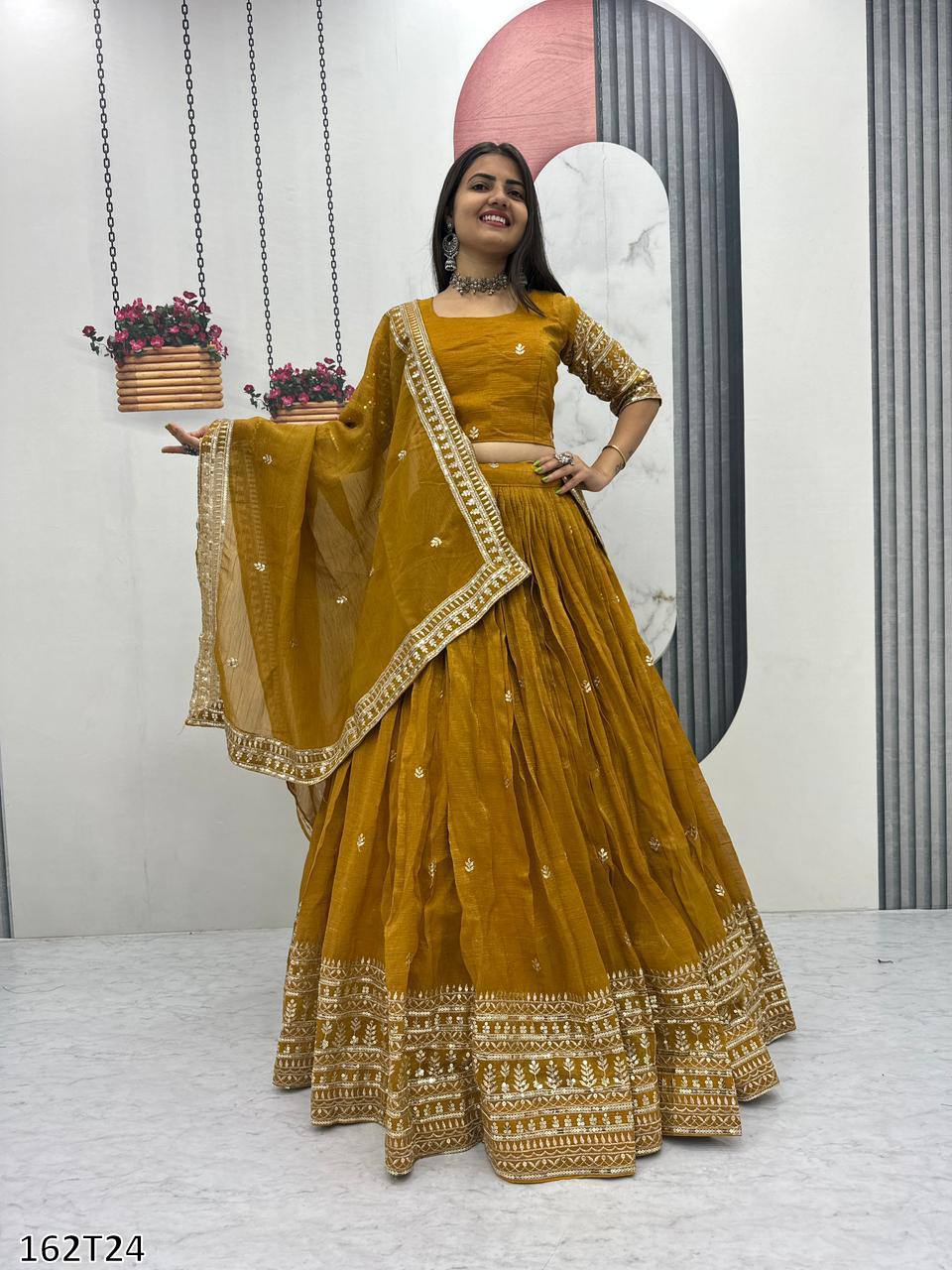 Designer Pure Gold Crush Lehenga Choli Set – Heavy Embroidery & Sequence Work