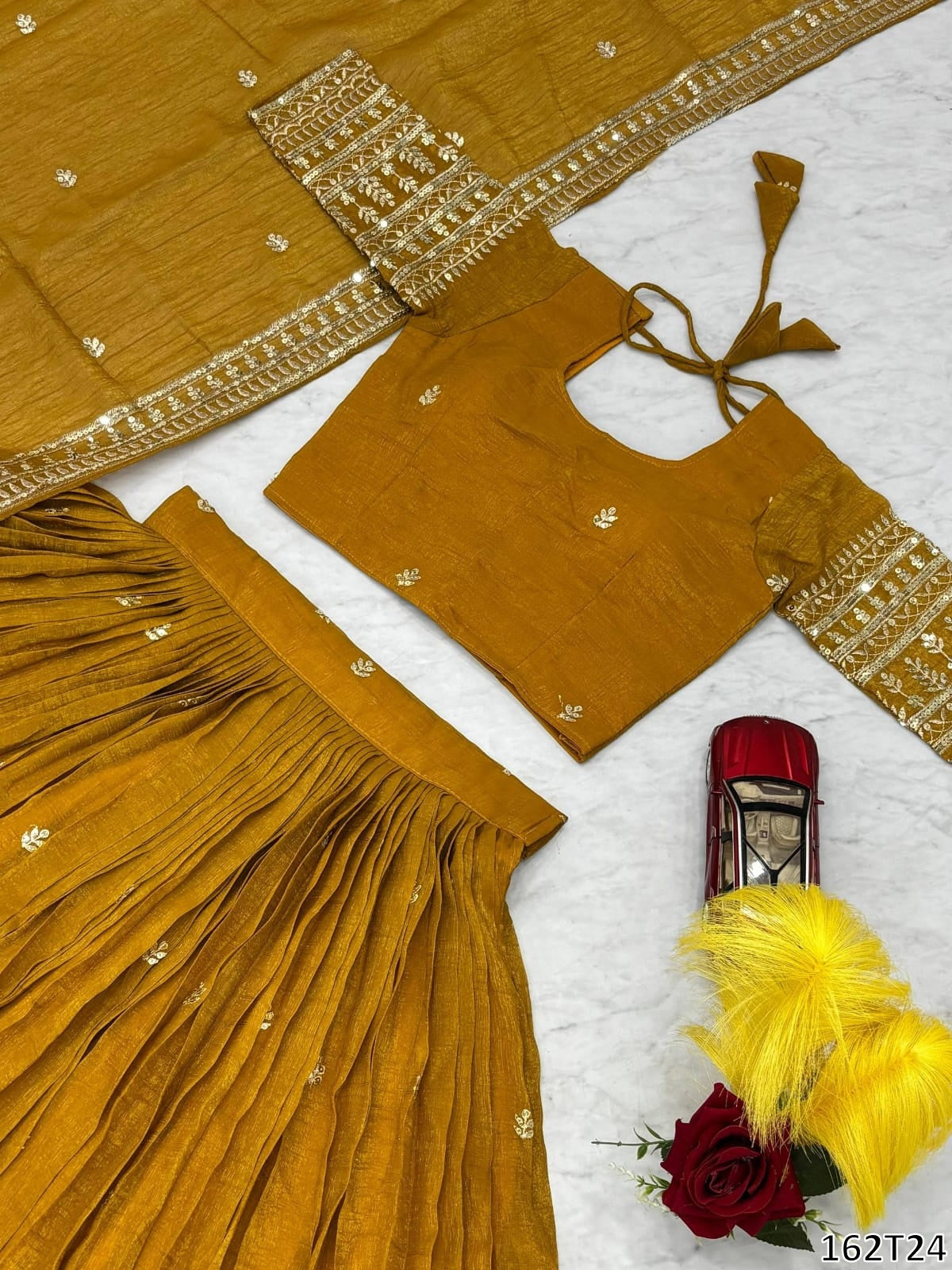 Designer Pure Gold Crush Lehenga Choli Set – Heavy Embroidery & Sequence Work