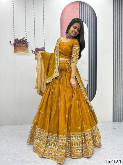 Designer Pure Gold Crush Lehenga Choli Set – Heavy Embroidery & Sequence Work