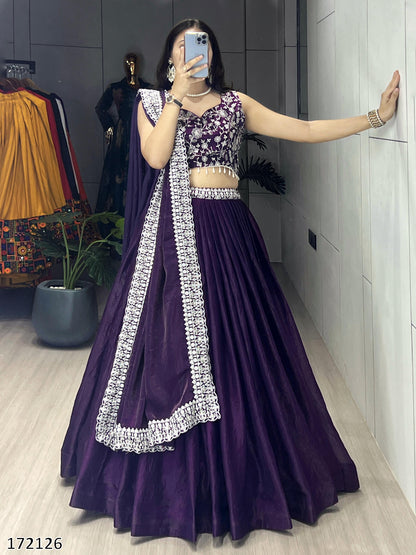 Deep Purple Fendy Satin Silk Lehenga Choli Set – Heavy Embroidered Blouse