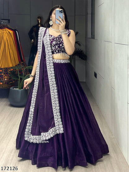 Deep Purple Fendy Satin Silk Lehenga Choli Set – Heavy Embroidered Blouse