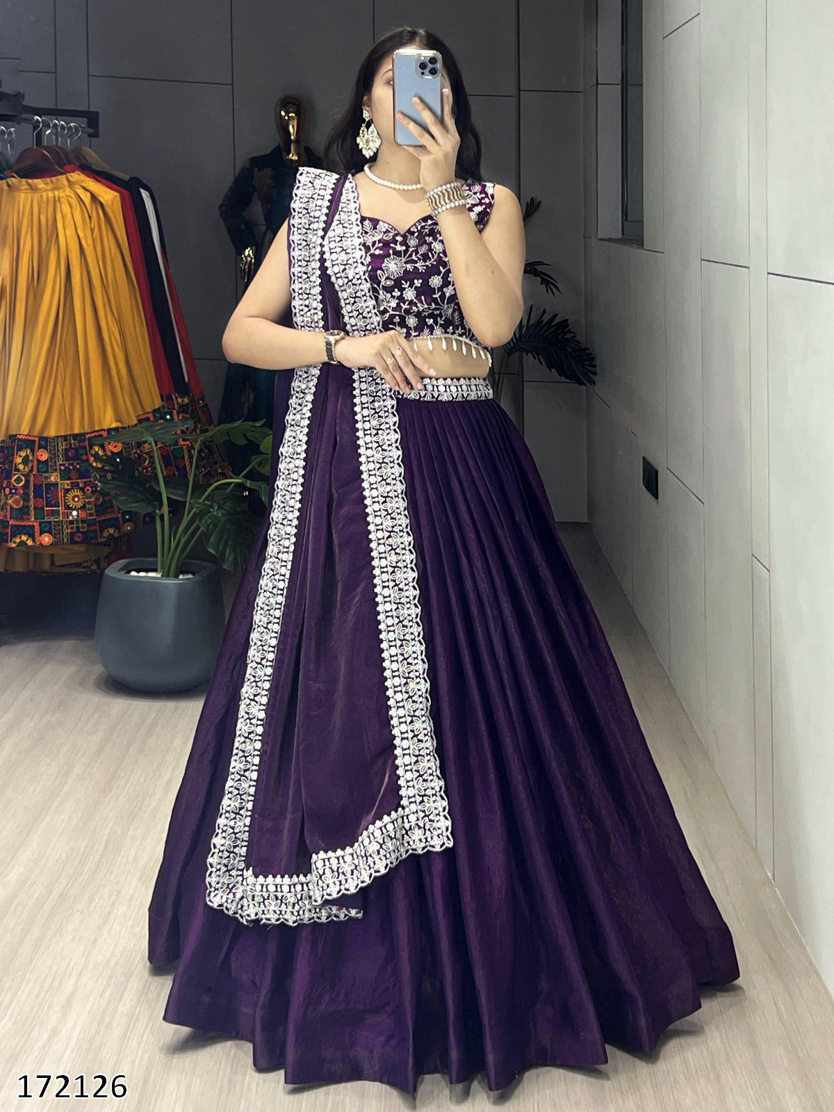 Deep Purple Fendy Satin Silk Lehenga Choli Set – Heavy Embroidered Blouse
