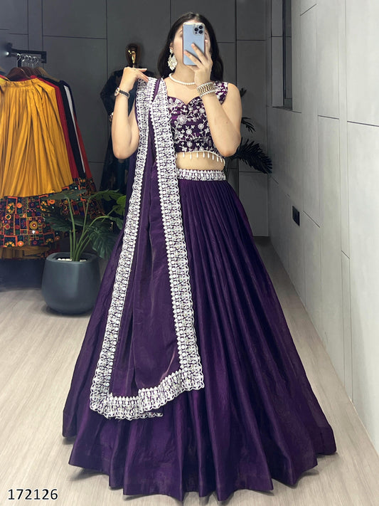 Deep Purple Fendy Satin Silk Lehenga Choli Set – Heavy Embroidered Blouse