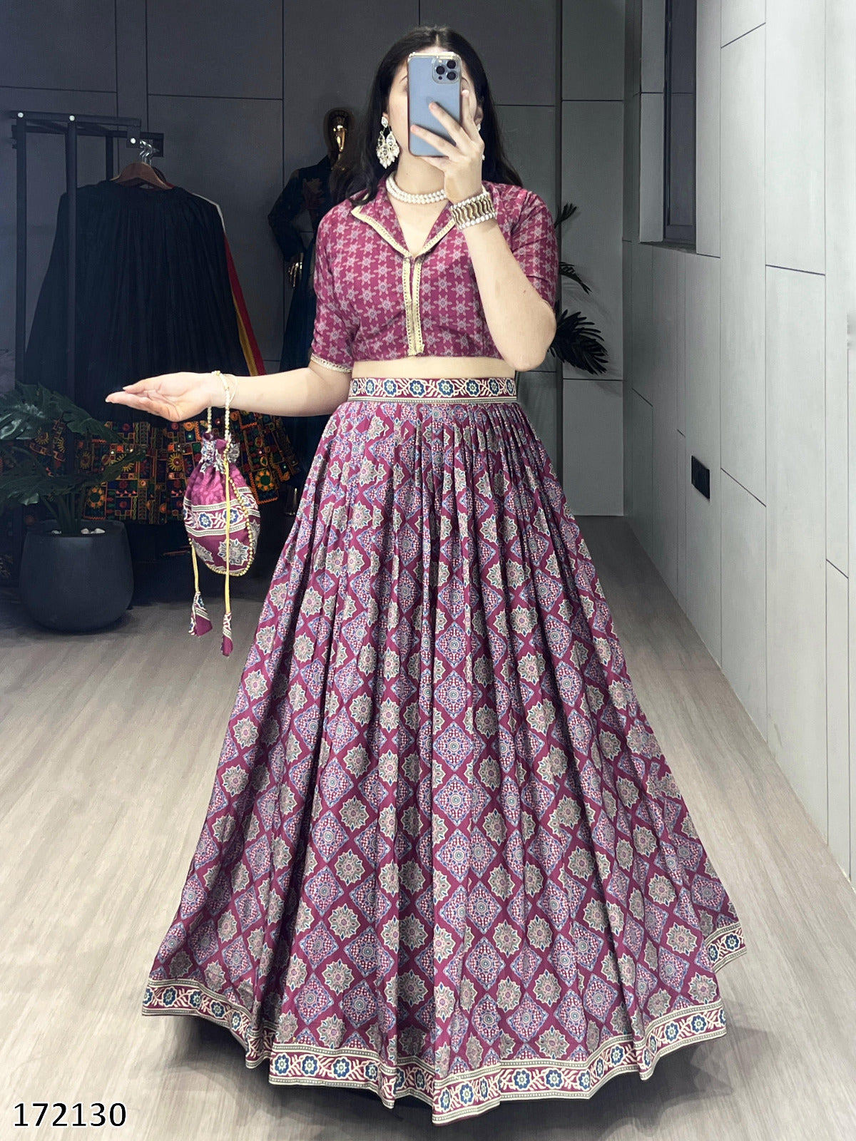 Azarkh Print Pure Silk Crepe Lehenga Cordset with Matching Potli