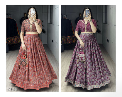 Azarkh Print Pure Silk Crepe Lehenga Cordset with Matching Potli
