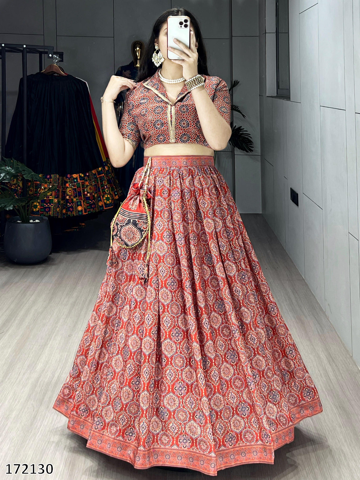 Azarkh Print Pure Silk Crepe Lehenga Cordset with Matching Potli