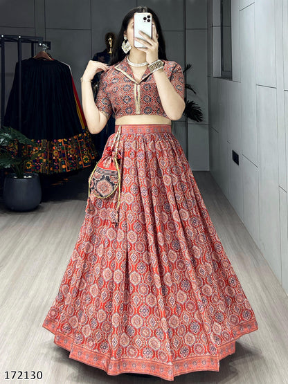 Azarkh Print Pure Silk Crepe Lehenga Cordset with Matching Potli