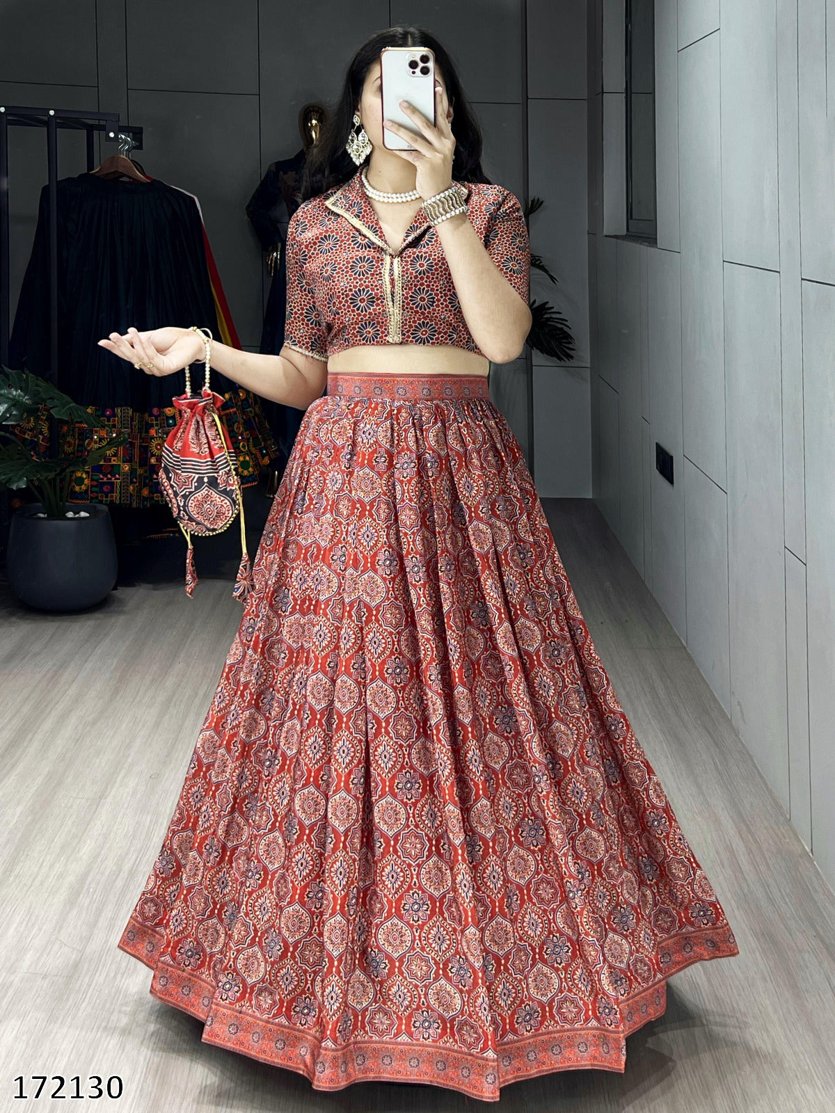 Azarkh Print Pure Silk Crepe Lehenga Cordset with Matching Potli