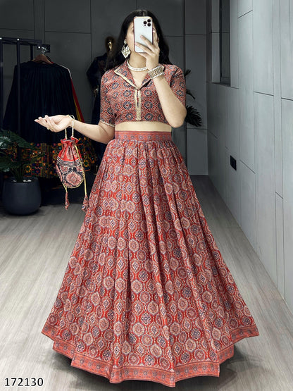 Azarkh Print Pure Silk Crepe Lehenga Cordset with Matching Potli