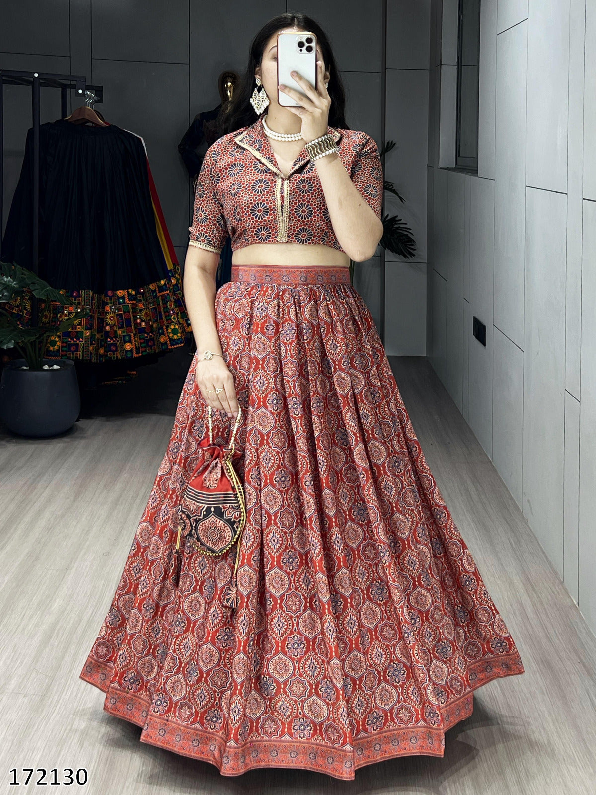 Azarkh Print Pure Silk Crepe Lehenga Cordset with Matching Potli