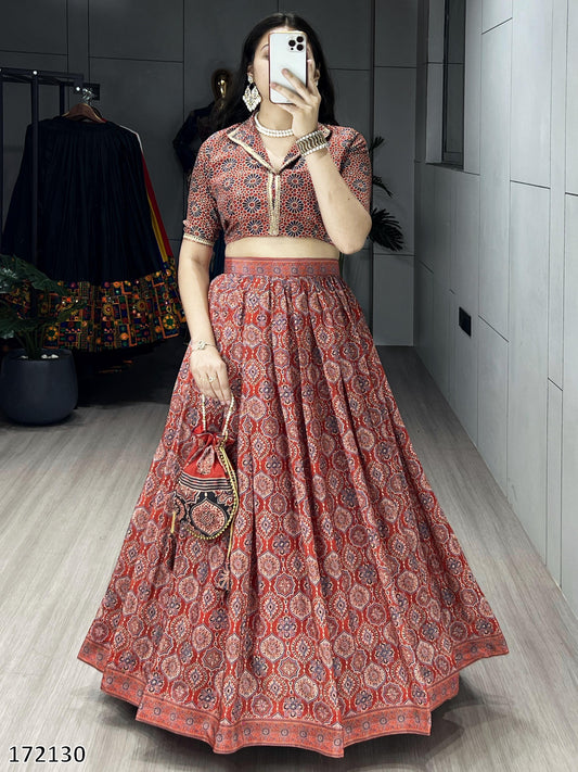 Azarkh Print Pure Silk Crepe Lehenga Cordset with Matching Potli