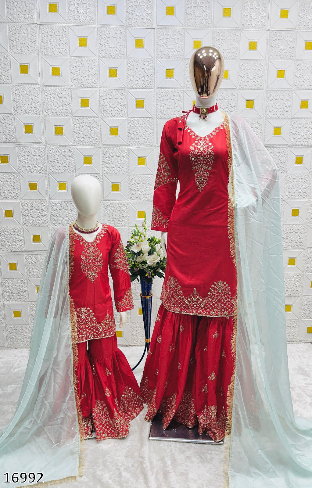 Premium Designer Mom–Daughter Combo Set – Heavy Crepe Silk Top, Palazzo & Fox Georgette Dupatta