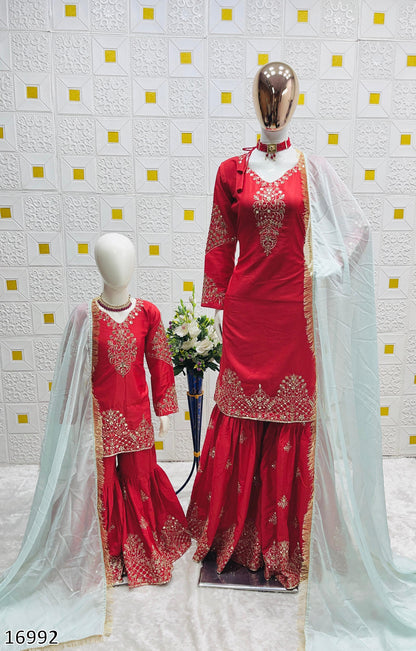 Premium Designer Mom–Daughter Combo Set – Heavy Crepe Silk Top, Palazzo & Fox Georgette Dupatta