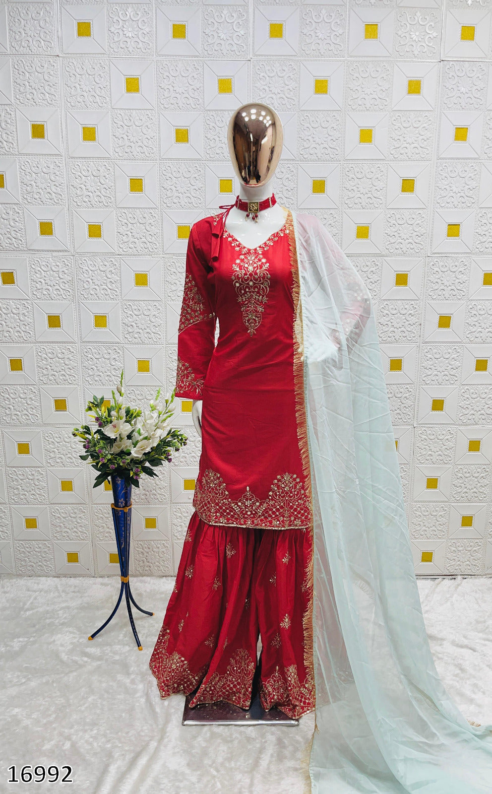 Premium Designer Mom–Daughter Combo Set – Heavy Crepe Silk Top, Palazzo & Fox Georgette Dupatta