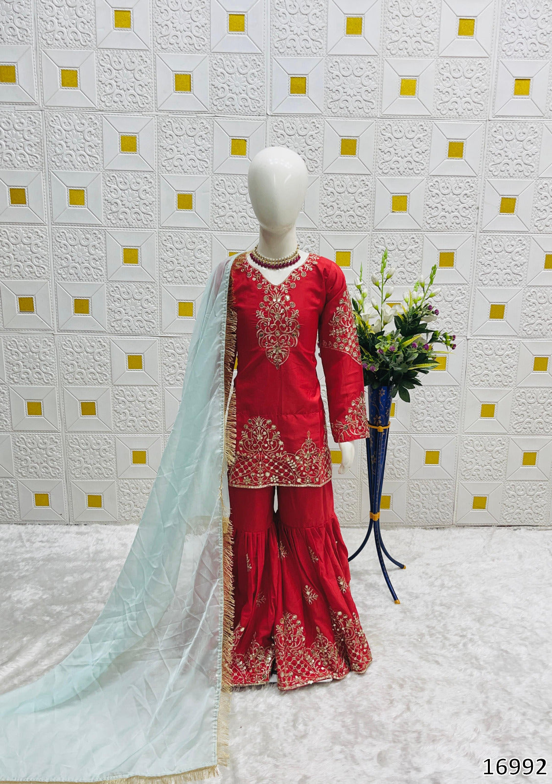 Premium Designer Mom–Daughter Combo Set – Heavy Crepe Silk Top, Palazzo & Fox Georgette Dupatta