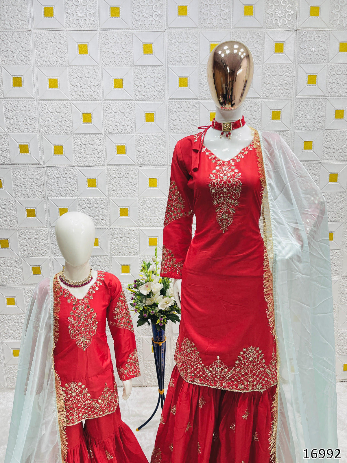 Premium Designer Mom–Daughter Combo Set – Heavy Crepe Silk Top, Palazzo & Fox Georgette Dupatta