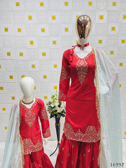 Premium Designer Mom–Daughter Combo Set – Heavy Crepe Silk Top, Palazzo & Fox Georgette Dupatta