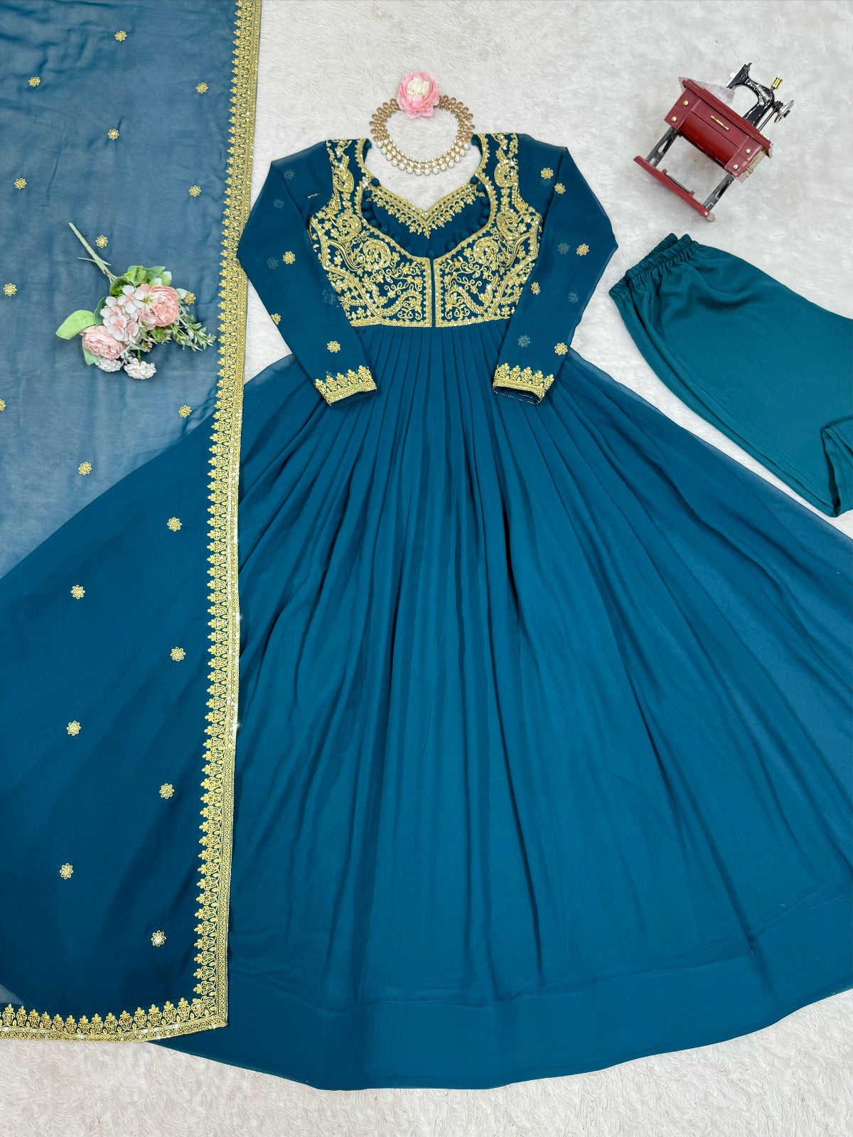 Designer Faux Georgette Suit Set with Embroidered Dupatta
