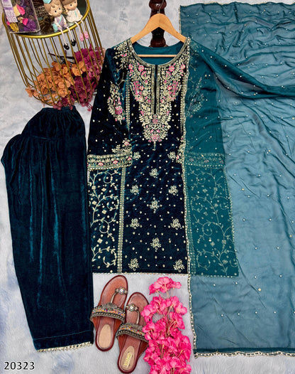 Premium Designer Velvet Top Plazzo Set with Sequin & Rivet Moti Embroidery and Organza Silk Dupatta – Fully Stitched Festive Wear