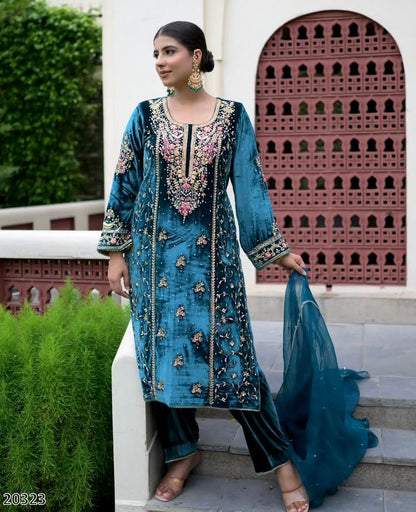 Premium Designer Velvet Top Plazzo Set with Sequin & Rivet Moti Embroidery and Organza Silk Dupatta – Fully Stitched Festive Wear