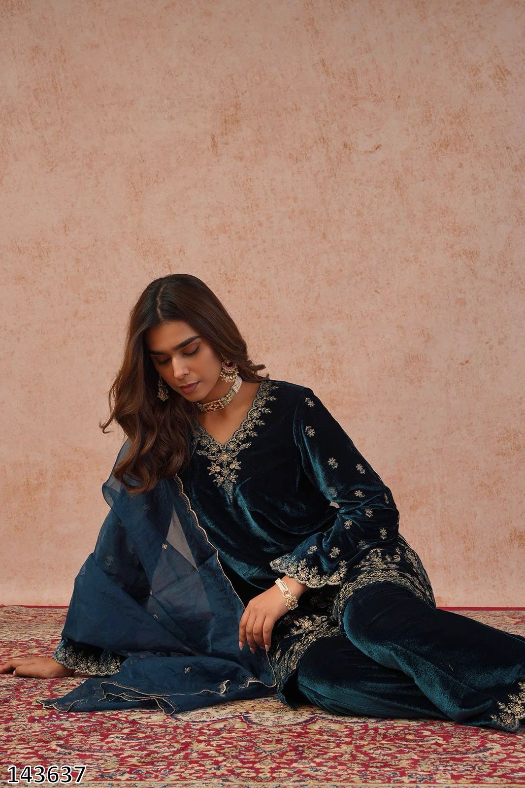 Designer Heavy Viscose Velvet Thread Embroidered Blue Top Pant Dupatta Set – Ready to Wear Ethnic Festive Outfit