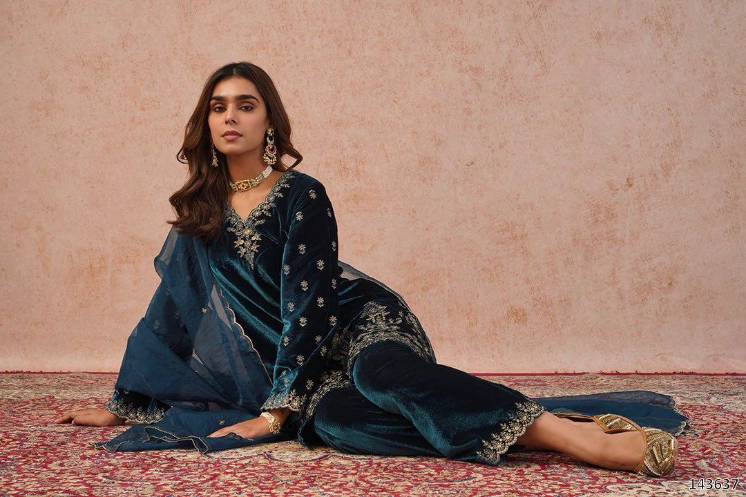Designer Heavy Viscose Velvet Thread Embroidered Blue Top Pant Dupatta Set – Ready to Wear Ethnic Festive Outfit