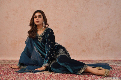 Designer Heavy Viscose Velvet Thread Embroidered Blue Top Pant Dupatta Set – Ready to Wear Ethnic Festive Outfit