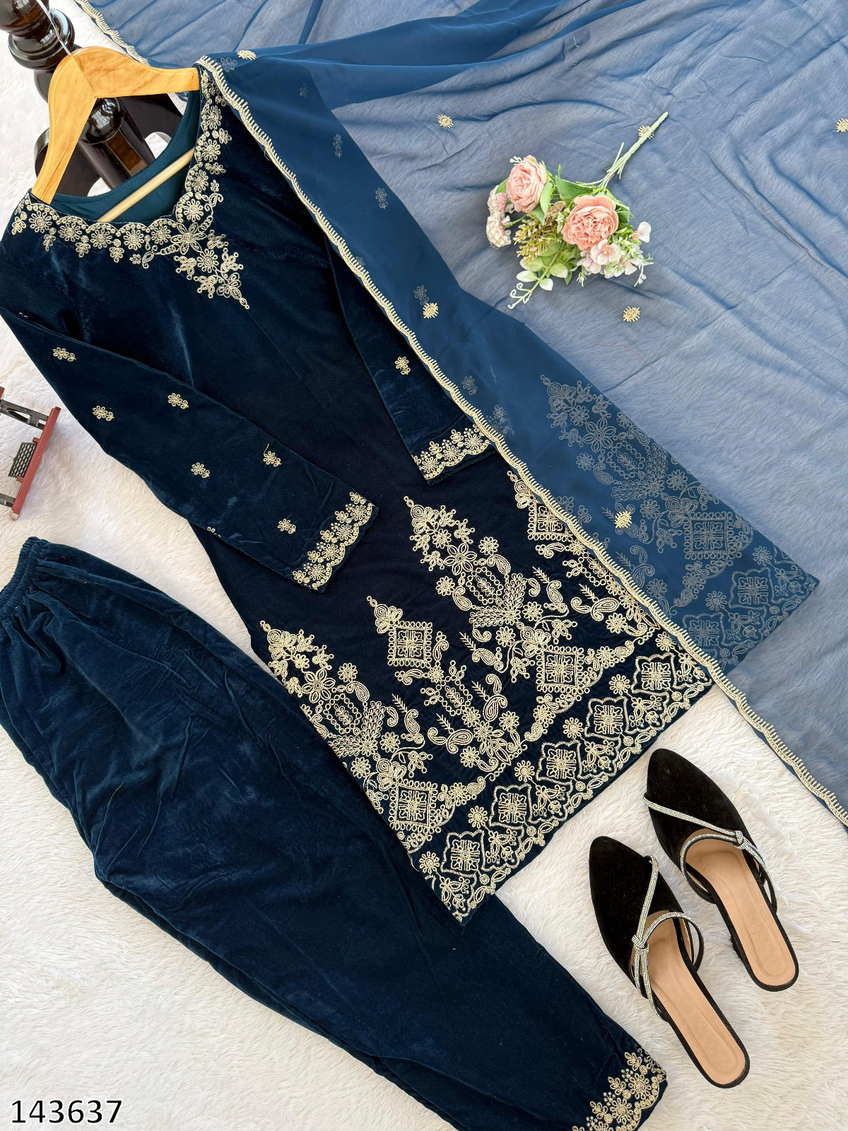 Designer Heavy Viscose Velvet Thread Embroidered Blue Top Pant Dupatta Set – Ready to Wear Ethnic Festive Outfit