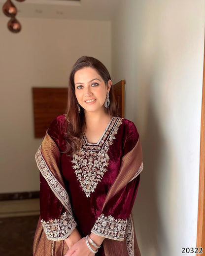 Premium Designer Viscose Velvet Top Bottom Dupatta Set with 5mm Sequin & Rivet Moti Embroidery – Party & Festive Wear