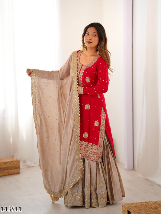 Chinon Silk Embroidered Top Sharara with Dupatta Set | Pearl & Sequin Work | Ready to Wear