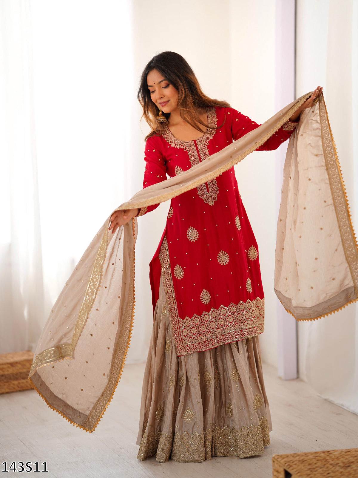 Chinon Silk Embroidered Top Sharara with Dupatta Set | Pearl & Sequin Work | Ready to Wear