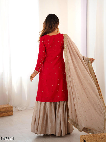 Chinon Silk Embroidered Top Sharara with Dupatta Set | Pearl & Sequin Work | Ready to Wear