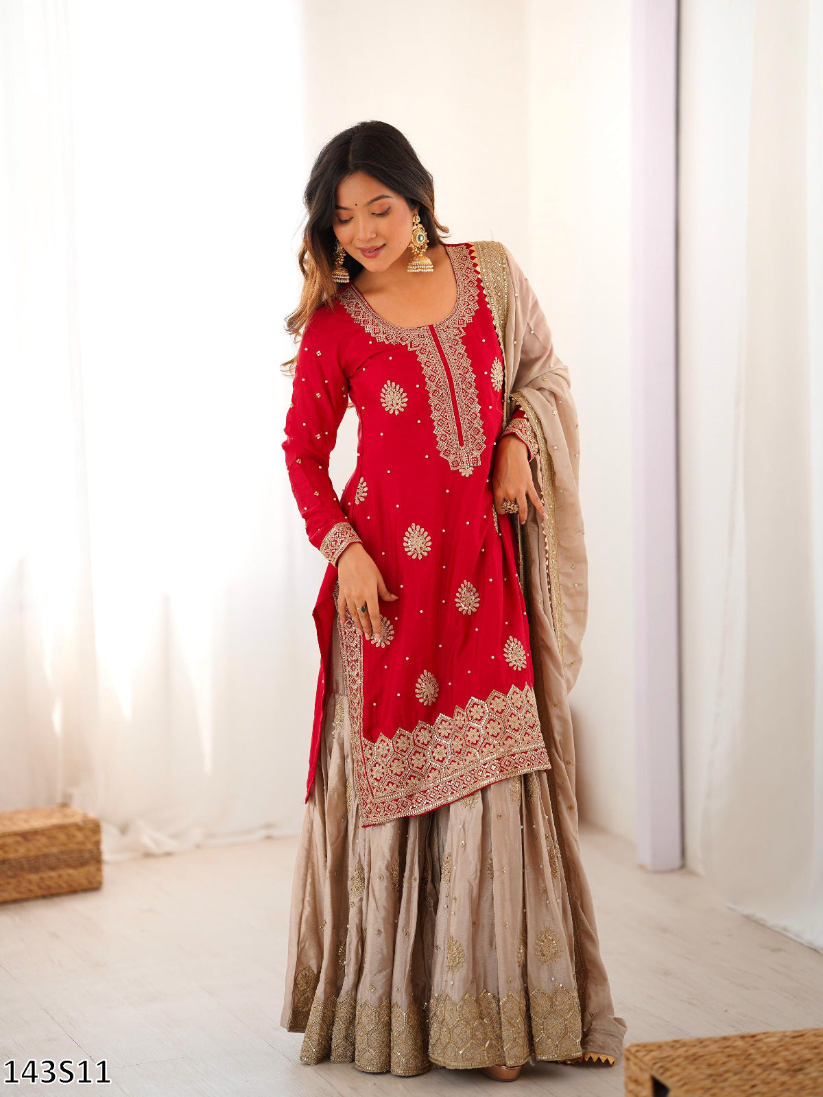 Chinon Silk Embroidered Top Sharara with Dupatta Set | Pearl & Sequin Work | Ready to Wear