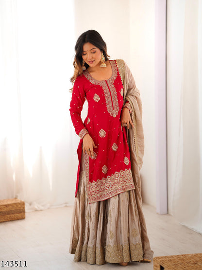 Chinon Silk Embroidered Top Sharara with Dupatta Set | Pearl & Sequin Work | Ready to Wear