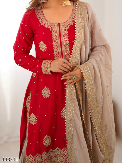Chinon Silk Embroidered Top Sharara with Dupatta Set | Pearl & Sequin Work | Ready to Wear